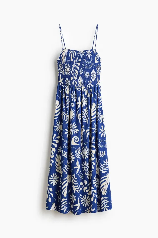 Royal Blue Floral Smocked Tiered Dress - Calf-Length, Sleeveless, Square Neck – image 3