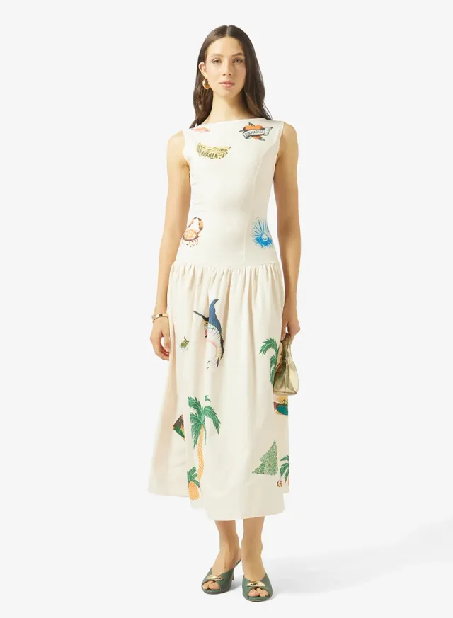 Cream Printed Tiered Drop Waist Midi Dress – image 4