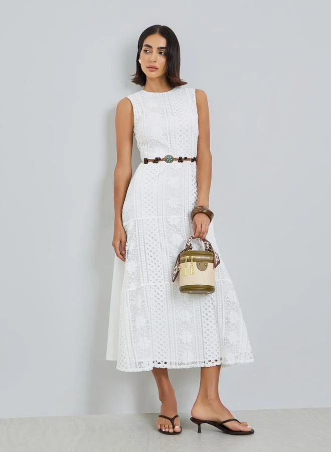 Self-Design Midi Dress with Beaded Belt, White