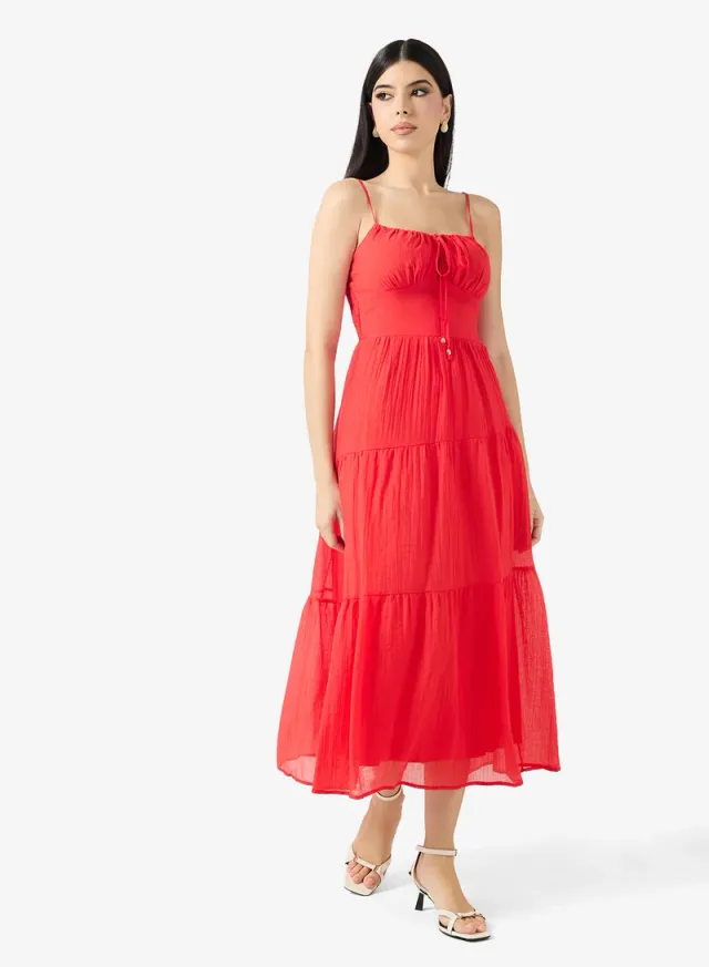 Bright Red Midi Tiered Summer Dress with Tie-Up Detail – image 4