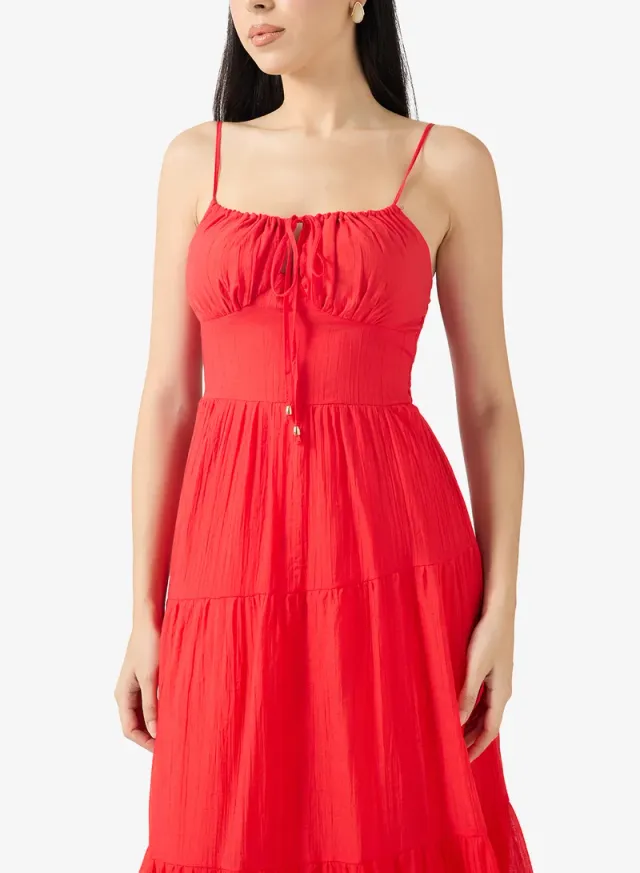 Bright Red Midi Tiered Summer Dress with Tie-Up Detail – image 3