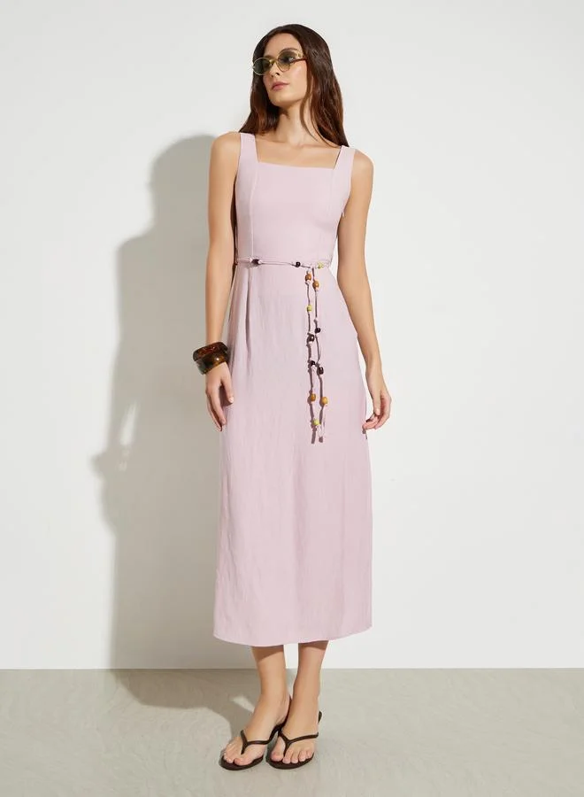 Square Neck Beaded Tie-Waist Midi Dress Pink