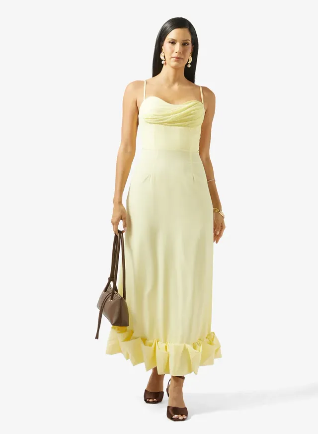 Pale Yellow Maxi Dress with Sweetheart Neck and Ruffled Hem – image 4