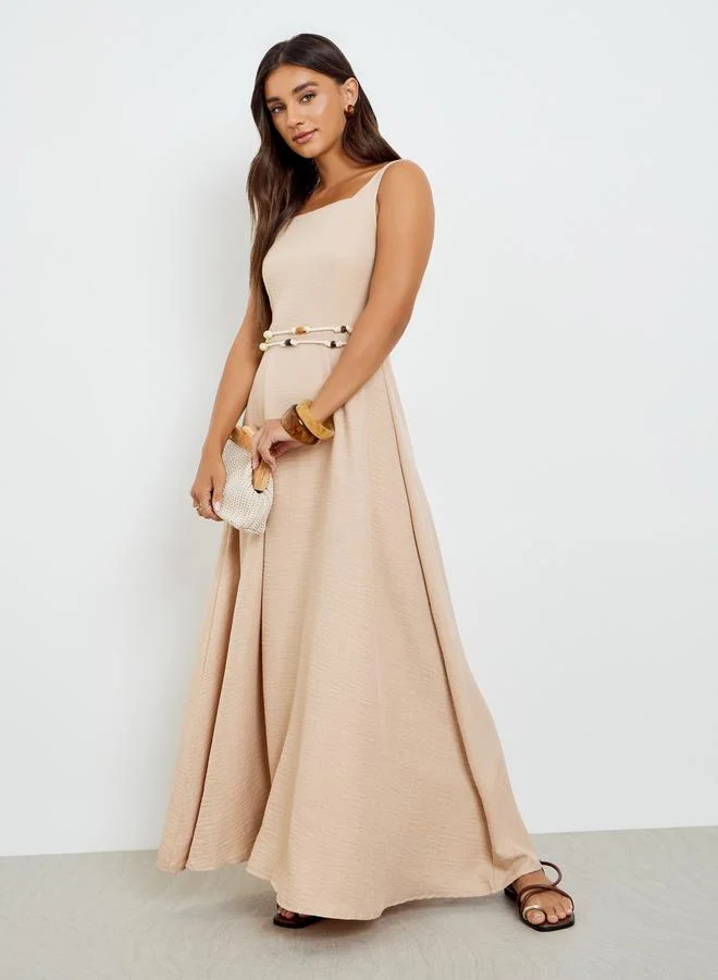 Sleeveless A-Line Maxi Dress Beige