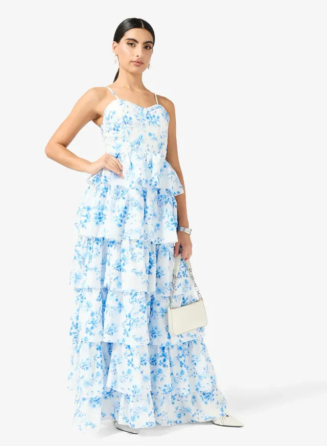 White and Blue Floral Print Maxi Dress with Ruffles – image 4