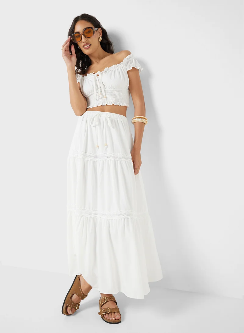 Off Shoulder Smocked Crop Top Tiered Maxi Skirt Set