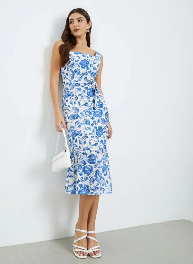 Floral Print Strappy A-Line Midi Dress Blue – image 5