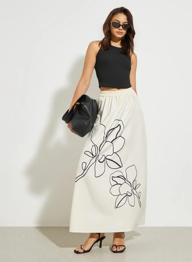 Floral A-Line Maxi Skirt Beige