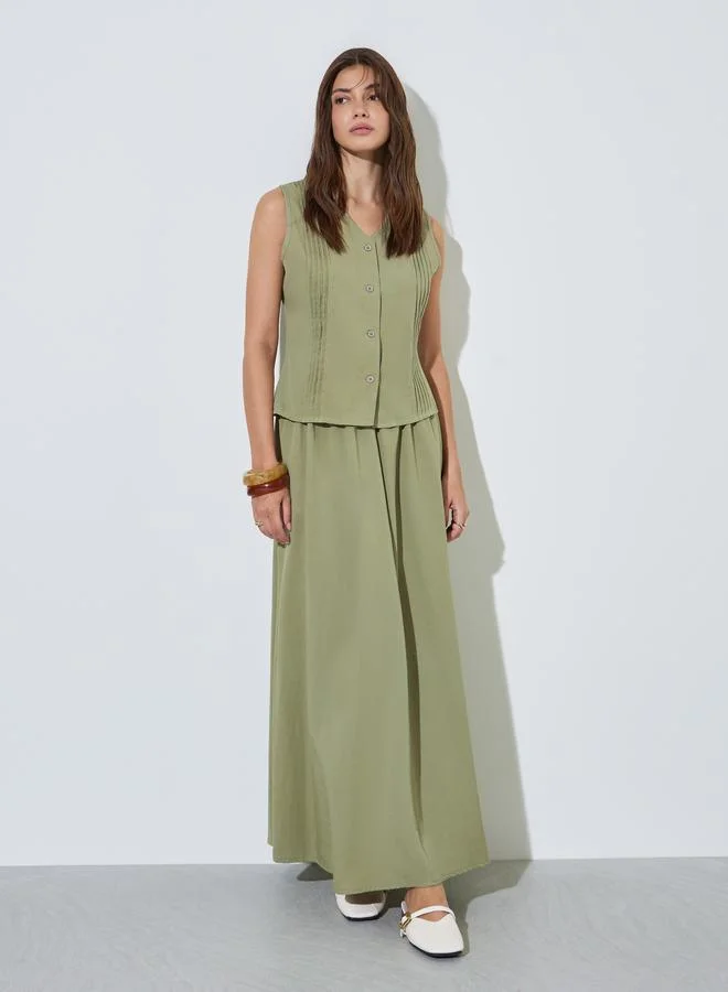 Pintuck Top & A-Line Maxi Skirt Set Green