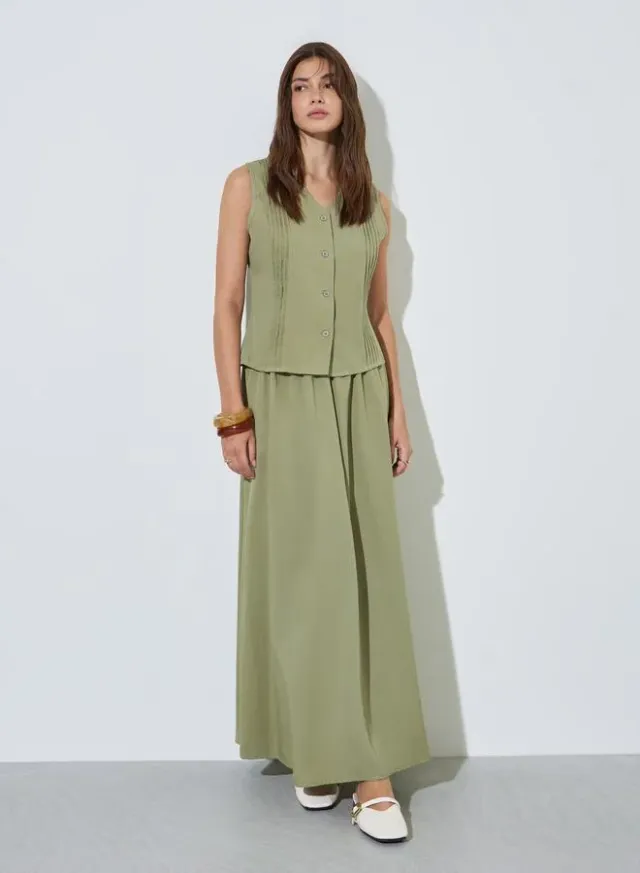 Pintuck Top & A-Line Maxi Skirt Set Green
