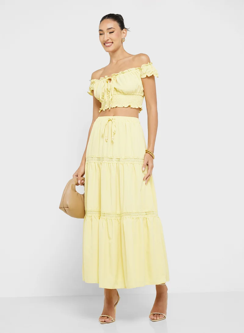 Off Shoulder Smocked Crop Top and Tiered Maxi Skirt Set