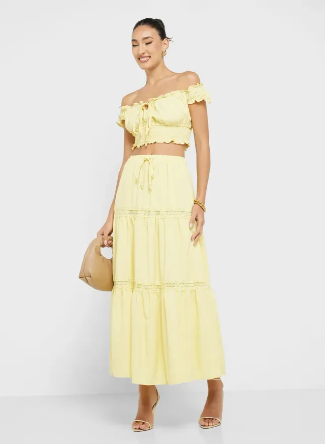 Off Shoulder Smocked Crop Top and Tiered Maxi Skirt Set