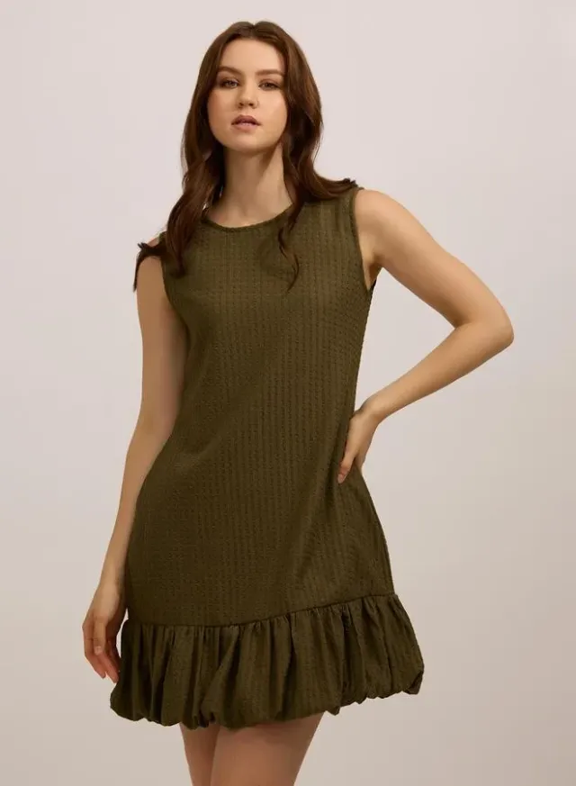 Textured Bubble Hem Mini Dress Olive – image 4