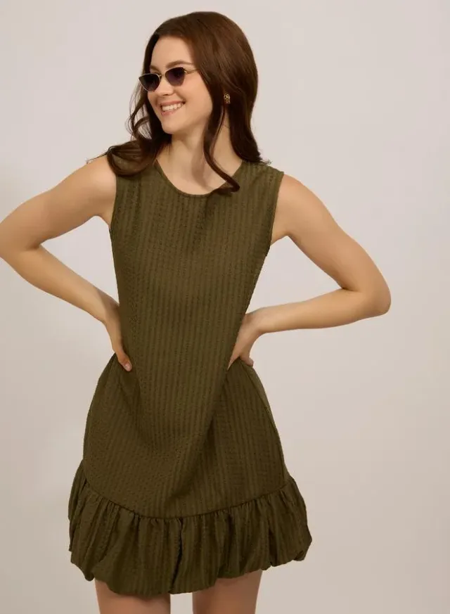 Textured Bubble Hem Mini Dress Olive – image 8