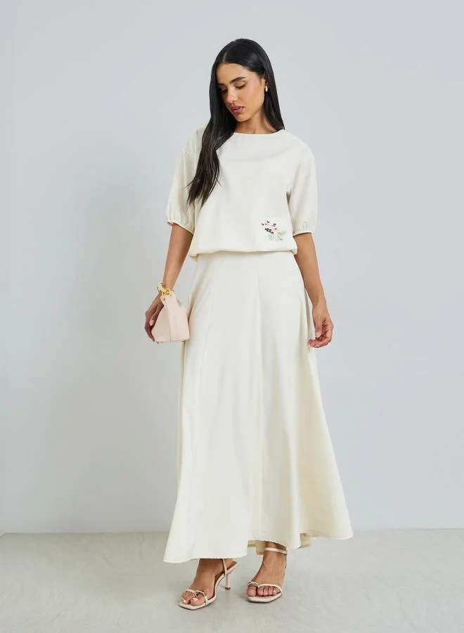 Floral Embroidered Top & Maxi Skirt Co-ord Cream
