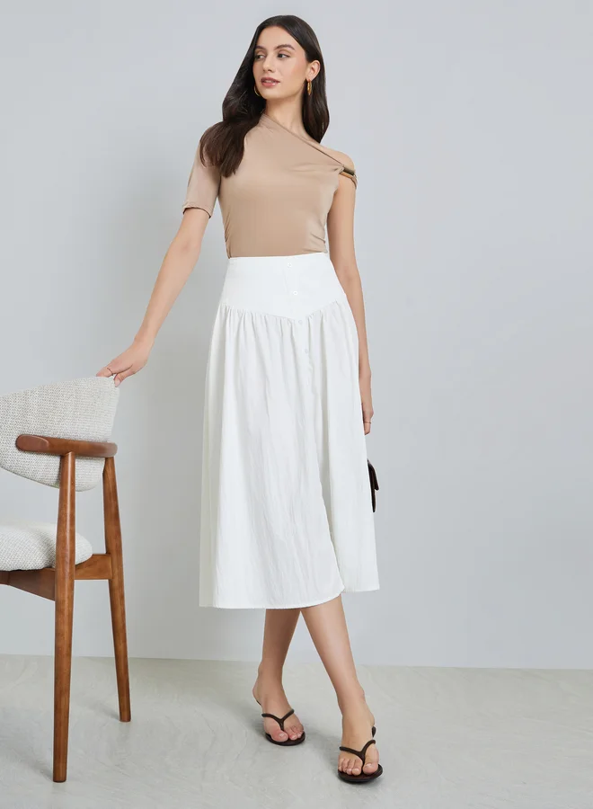 Wide Waistband Button Midi Skirt White