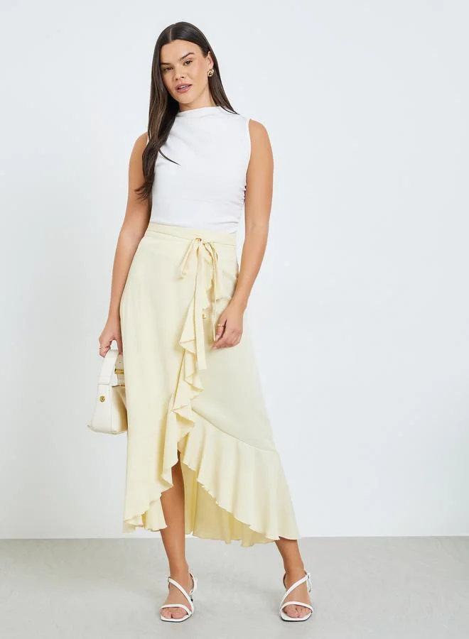Ruffle Hem Tie-Up Midi Skirt Yellow