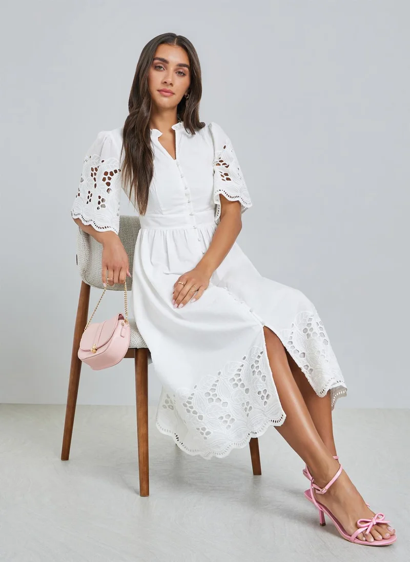 Cotton Schiffli Midi Dress White