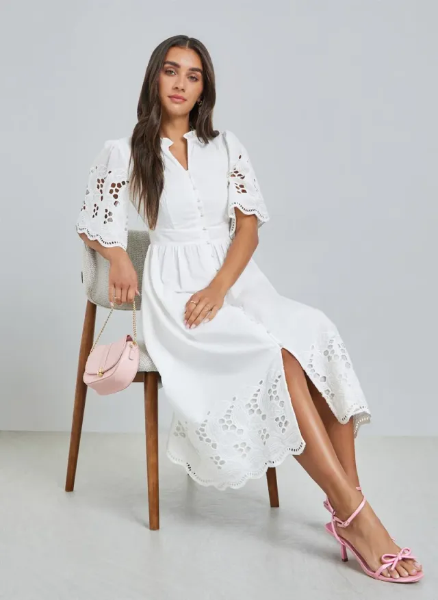 Cotton Schiffli Midi Dress White