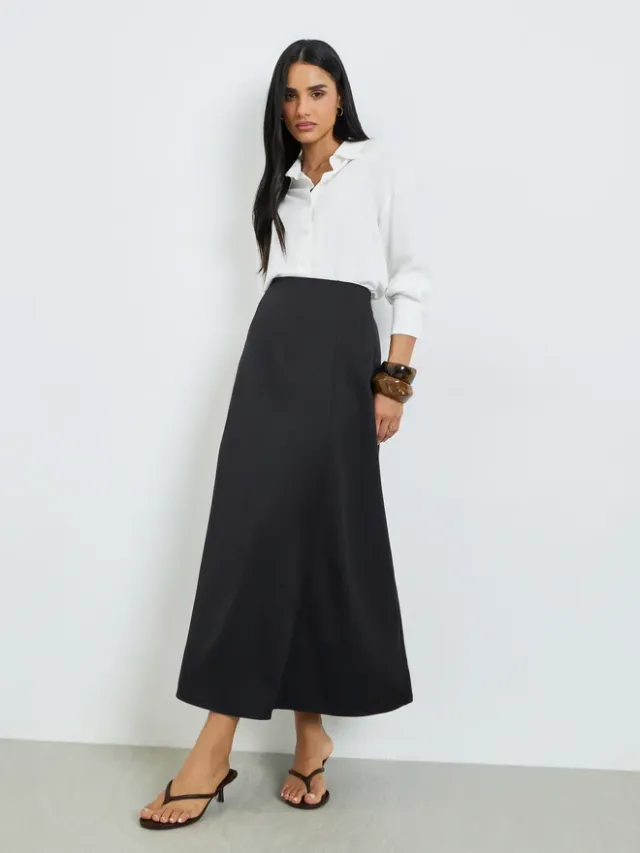 Styli Solid A-Line Maxi Skirt Beige