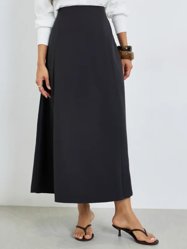 Styli Solid A-Line Maxi Skirt Beige – image 2