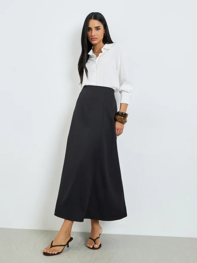 Styli Solid A-Line Maxi Skirt Beige