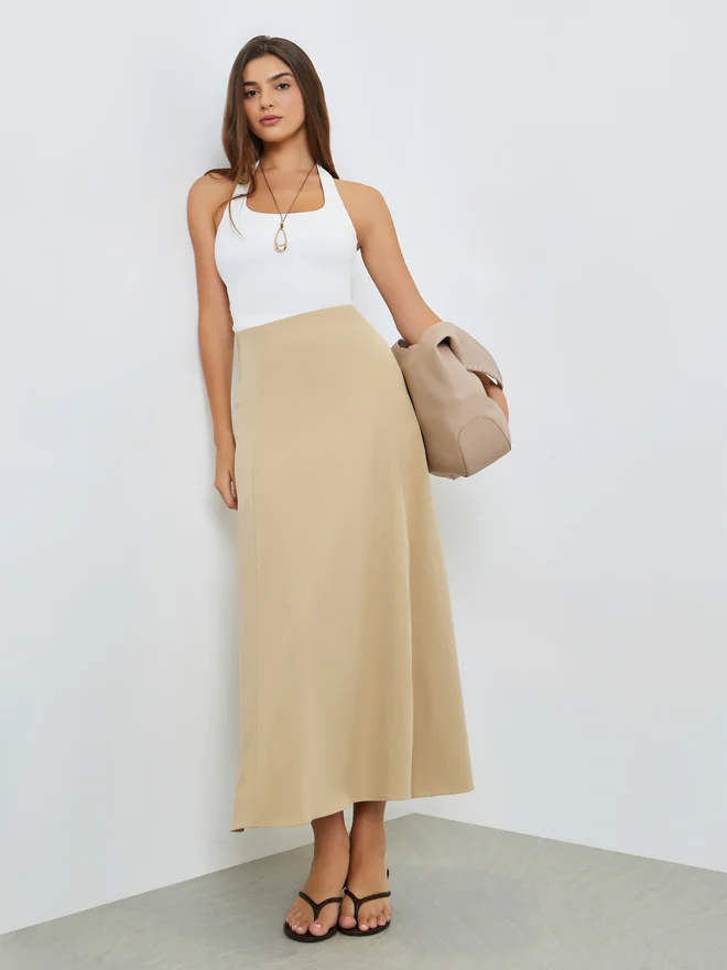 Styli Solid A-Line Maxi Skirt Beige
