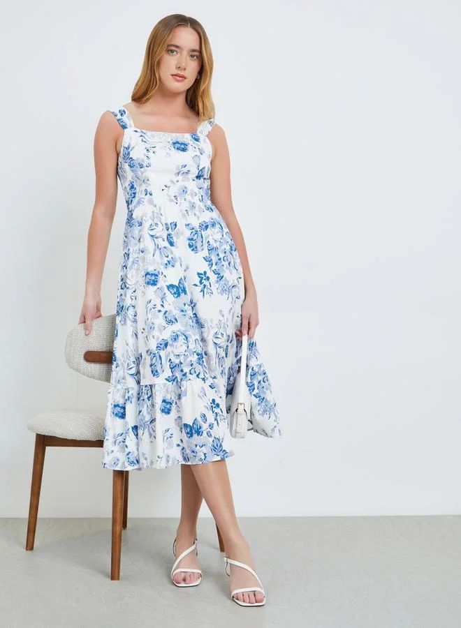 Floral Square Neck Cami Midi Dress Blue