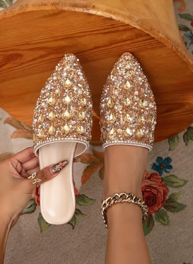 Embellished Pointed Toe Slip-On Flat Sandals