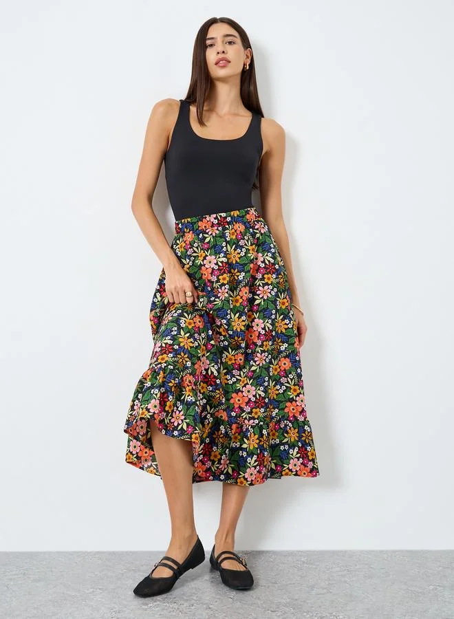 Floral Print Elastic Waist Skirt