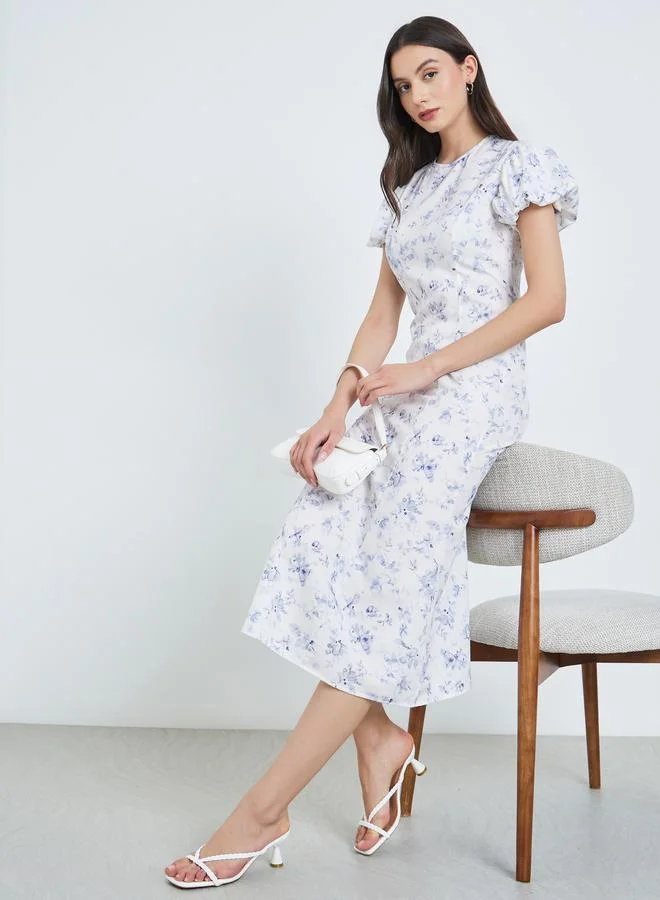 Floral Puff Sleeve Midi Dress White