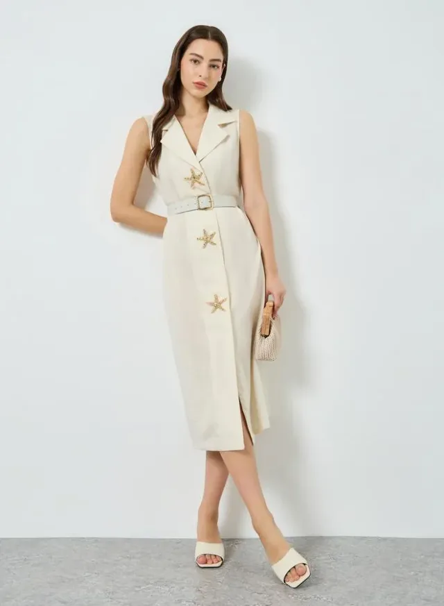 Women's Sleeveless Starfish Midi Dress, Beige – image 5
