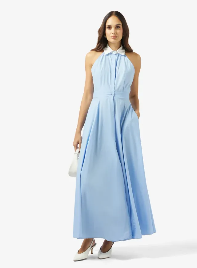 Sky Blue Halter Neck Maxi A-line Shirt Dress – image 4