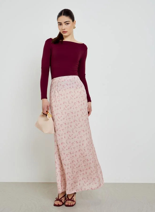 Floral Flared Hem Maxi Skirt Pink