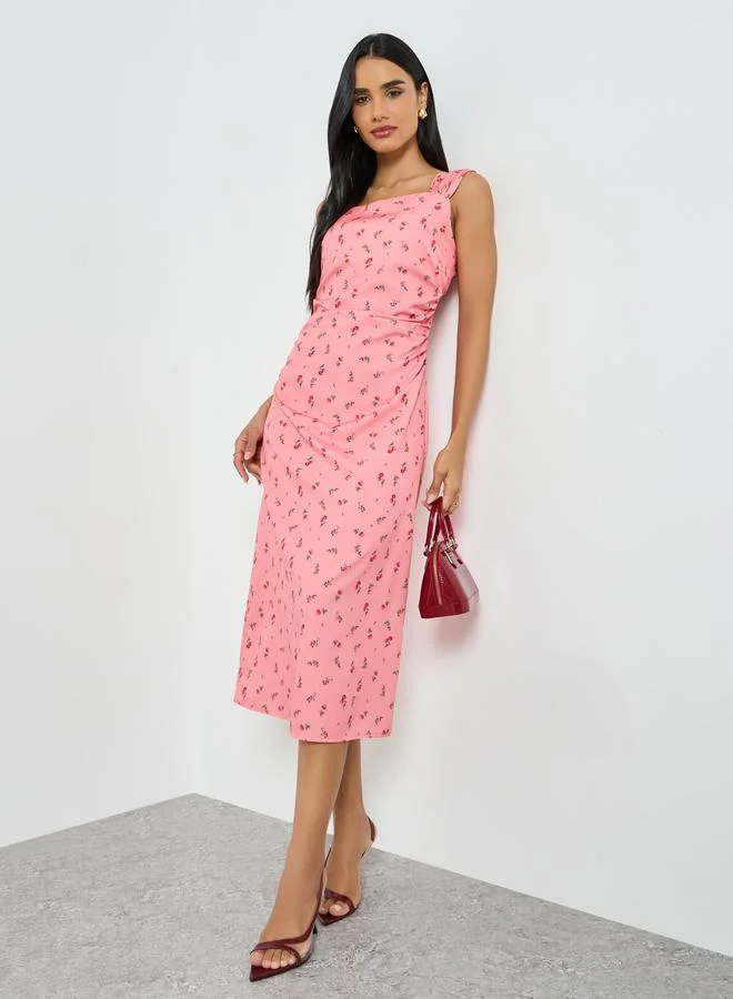 Ditsy Print Square Neck Sheath Midi Dress Pink