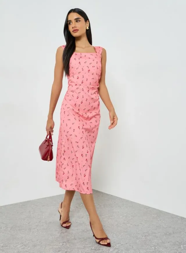 Ditsy Print Square Neck Sheath Midi Dress Pink – image 3