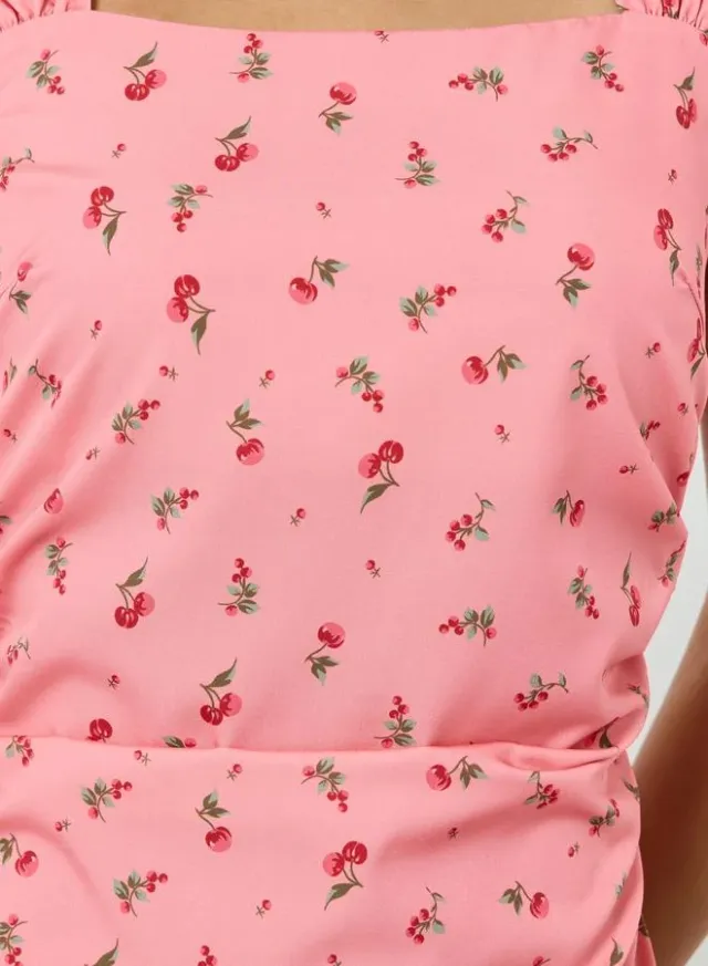 Ditsy Print Square Neck Sheath Midi Dress Pink – image 4