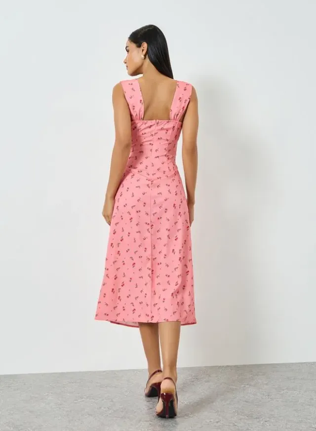 Ditsy Print Square Neck Sheath Midi Dress Pink – image 5