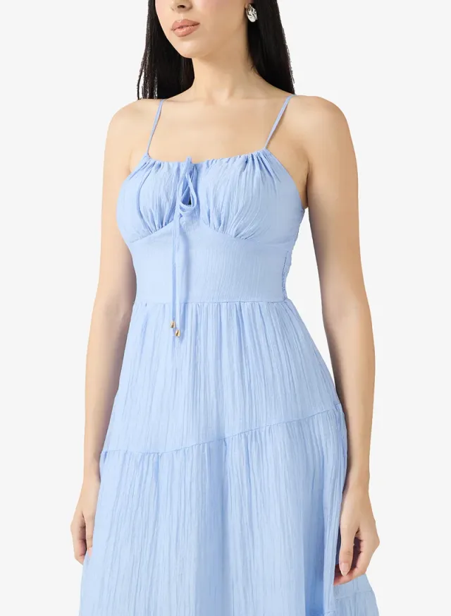 Sky Blue Tiered Midi Dress with Tie-Up Back – image 3