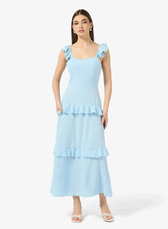 Sky Blue Midi Strappy Ruffle Dress - Tiered Style – image 4