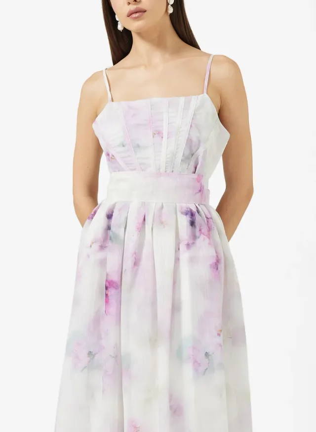 White Pink Purple Floral Print Midi Fit & Flare Strappy Dress – image 3