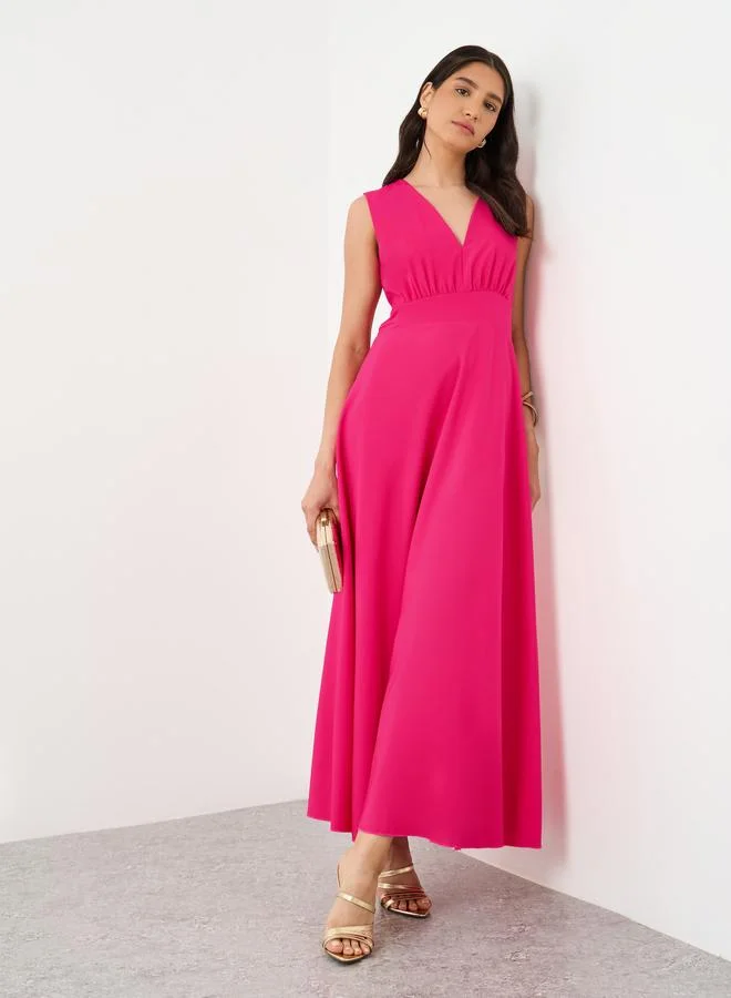 Solid V-Neck Sleeveless A-Line Maxi Dress