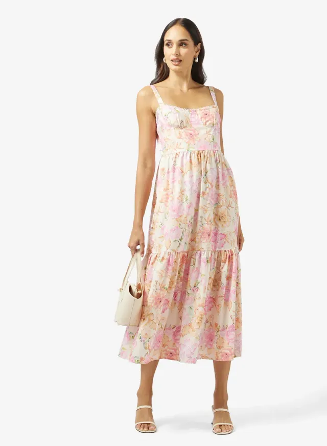Pink Floral Print Midi Tiered Dress - Sleeveless Sweetheart Neck – image 4