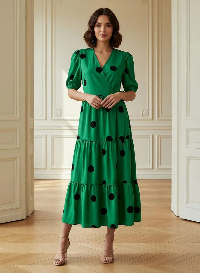 Polka Dot Short Sleeve Tie-Up Midi Tiered Dress