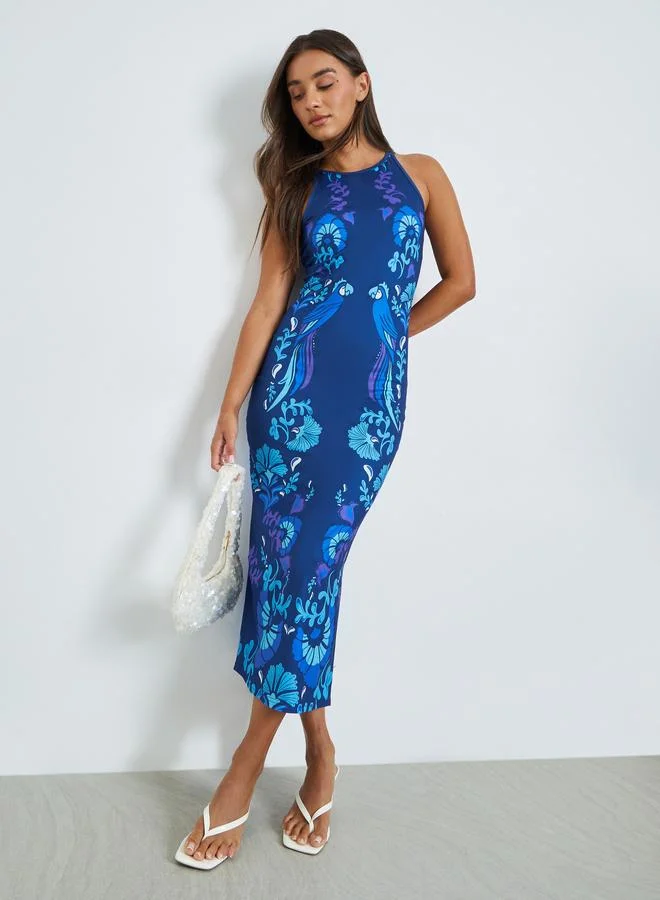 Print Halter Bodycon Midi Dress, Blue