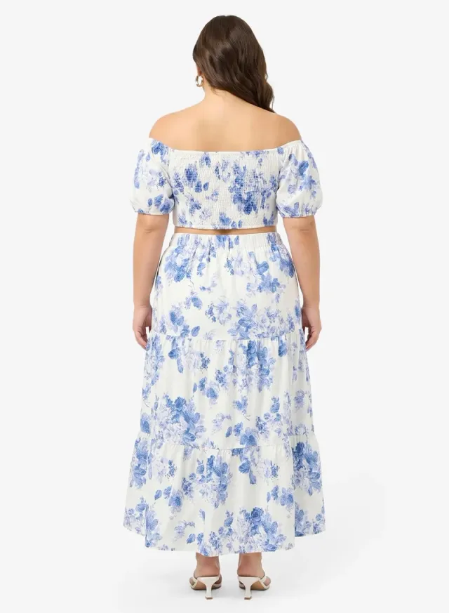 Blue Floral Off-Shoulder Top & A-Line Skirt Set – image 4