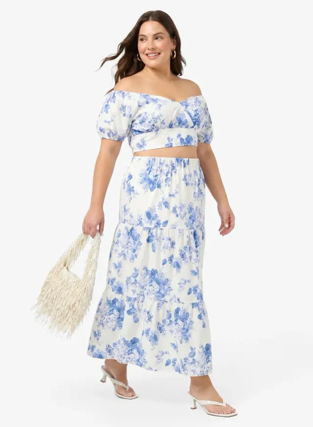 Blue Floral Off-Shoulder Top & A-Line Skirt Set – image 5