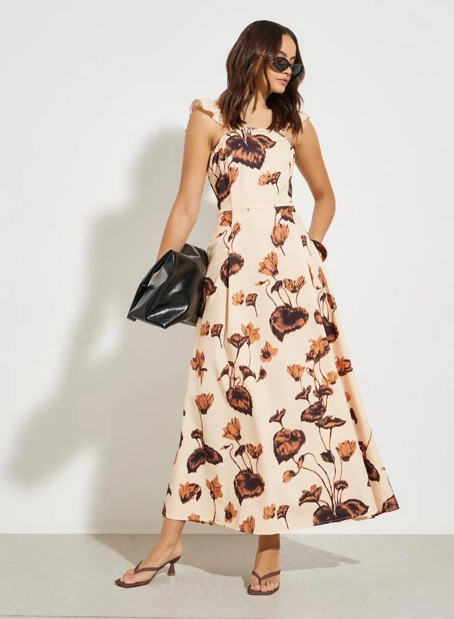 Floral Print Maxi Dress Beige