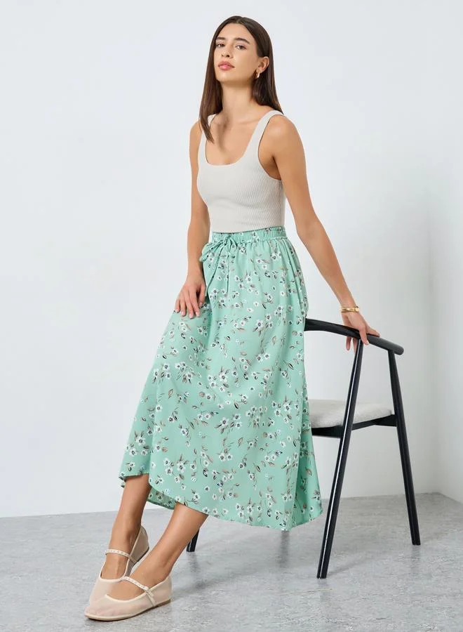 Floral Print Drawstring Elastic Waist Skirt