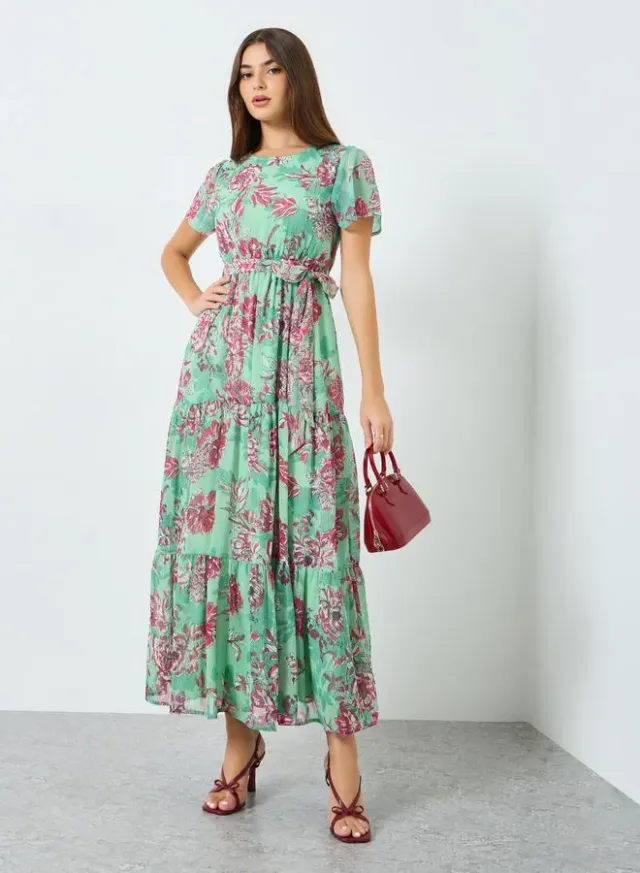 Floral Tiered Maxi Dress Green – image 5